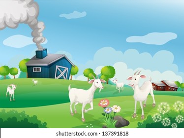 Illustration of a farm with many goats