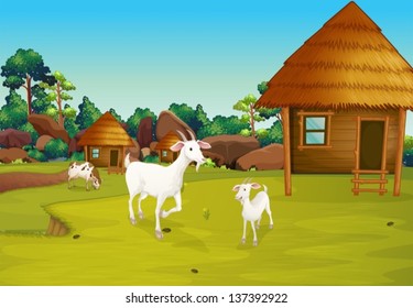 Illustration of a farm with nipa huts