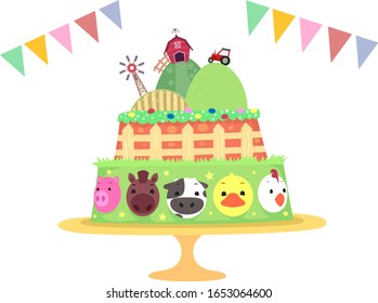 Illustration of a Farm or Petting Zoo Themed Birthday Cake with Buntings