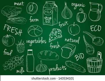 Illustration of farm products chalky doodles on school board