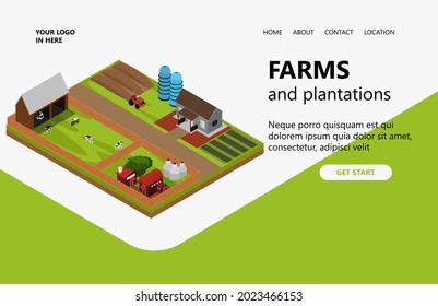 Illustration of farm and ranch in village, trees, houses, roads, cows, land. suitable for landing pages, headers, flyers, banners, infographics and other graphic assets in an isometric vector style