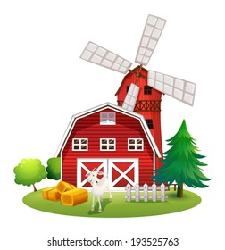 Illustration of a farm with a red house and a windmill on a white background