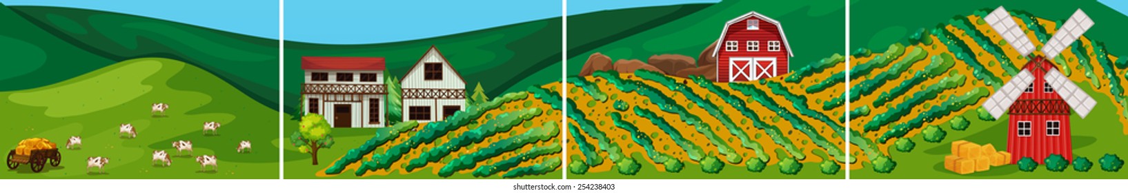 Ilustración de escenas de una granja con molino de viento