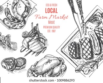 Illustration, a farm store of fresh meat and poultry.