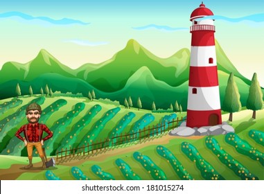 Illustration of a farm with a tower and a lumberjack