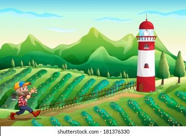 Illustration of a farm with a tower and a lumberjack