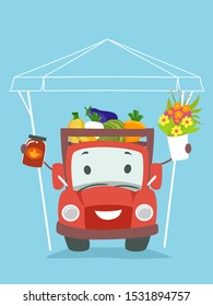 Illustration of a Farm Truck Mascot Selling Fresh Products and Other Products
