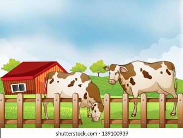 Illustration of a farm with two cows inside the fence