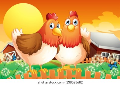 Illustration of a farm with two hens above the fence