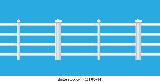 Illustration of farm white wooden fence. Garden, field or yard hedge section.