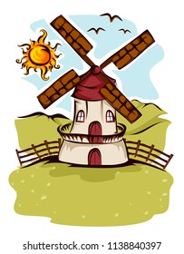 Ilustración de un molino de viento agrícola en los campos bajo el sol