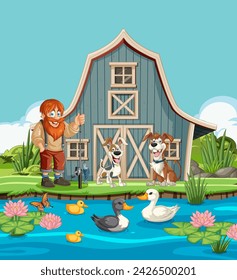 Illustration of a farmer with animals near a barn.