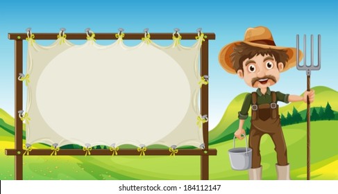 Illustration of a farmer beside the empty signage