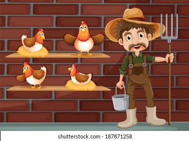 Illustration of a farmer beside the four hens