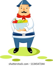 Illustration of a farmer with a bowl of apples for the autumn harvest festival