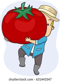 Illustration of a Farmer carrying a Huge Tomato representing the Harvest in his Farm