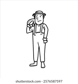 illustration of farmer carrying a sack, cartoon, black and white, good for children's coloring teaching materials and other elements of your visa, vector format