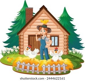 Illustration of a farmer with chickens outside a cabin.