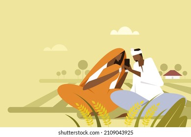 Illustration of a farmer couple using a mobile phone in the agricultural field
