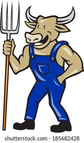 Illustration of farmer cow bull facing front laughing holding a pitch fork facing side done in cartoon style.