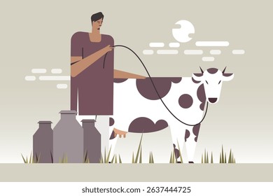 Illustration of a farmer and cow with milk cans in the outdoor