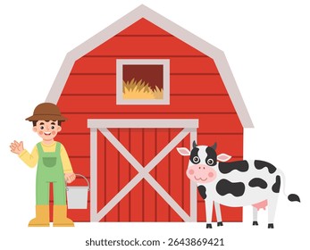 Ilustração de agricultor com vacas em frente ao celeiro
