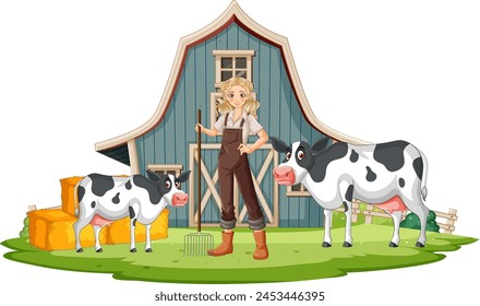 Illustration of a farmer with cows near a barn.