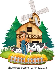 Illustration of a farmer with cows near a windmill.
