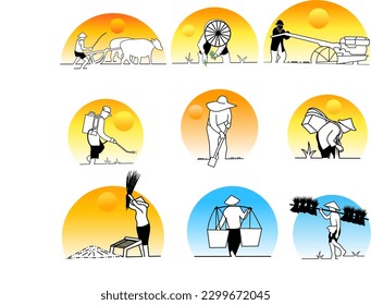 illustration of a farmer doing activities in the fields, carrying rice seeds, planting rice, plowing the fields


