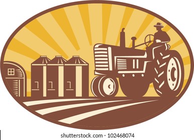 Illustration of a farmer driving a vintage farm tractor with barn and silos in background done in retro woodcut style.