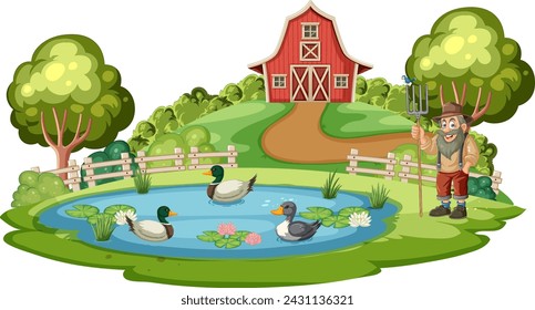 Illustration of a farmer with ducks at a pond