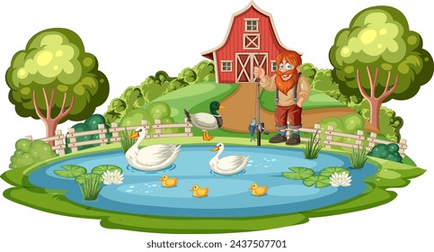 Illustration of a farmer with ducks at a pond
