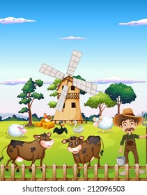 Illustration farmer and the farm animals