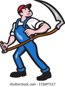 Illustration of a farmer farm worker holding scythe facing front on isolated white background done in cartoon style