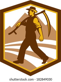 Illustration of a farmer farm worker holding scythe walking facing side set inside shield crest on isolated background done in retro style.