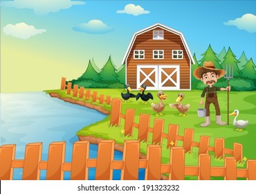 Illustration of a farmer feeding his ducks