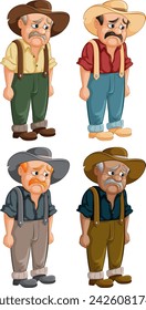 Ilustración de un agricultor con cuatro expresiones diferentes.