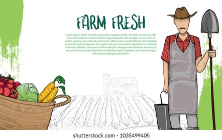 illustration of farmer with Healthy food in basket. farm fresh background