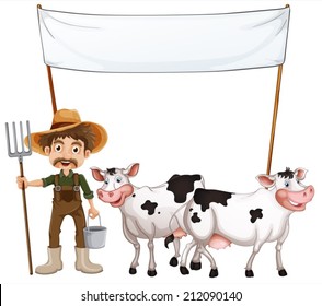 Illustration of a farmer and his cows near the empty banner on a white background