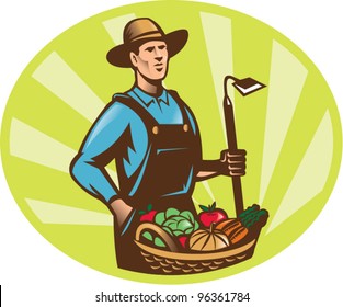 Illustration of a farmer holding a garden hoe wearing hat with basket full of vegetable fruit crop harvest done in retro woodcut style.