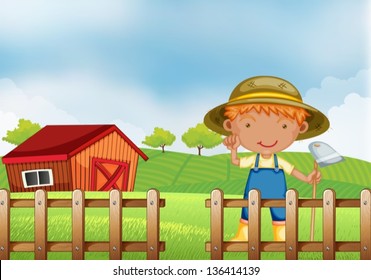 Illustration of a farmer holding a hoe inside the wooden fence with barn