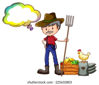 Illustration of a farmer holding a rake with an empty callout on a white background 
