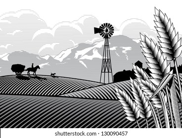 Illustration of a farmer and horse with a bullock cart carrying hay at rice filed, vector