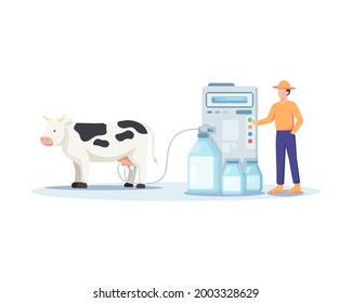 Illustration of a farmer milking a cow. Modern and sophisticated farming concept, Milking cows with a milking machine. Man operating a machine, Fresh dairy products. Vector illustration in flat style