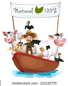 Illustration farmer boat and his animals white background
