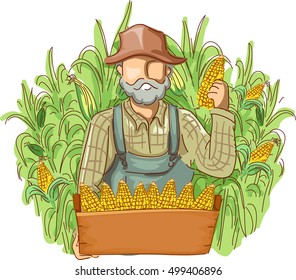 Illustration of a Farmer in Overalls and a Straw Hat Holding a Crate of Freshly Picked Corn