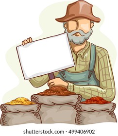 Ilustración de un granjero en overalls y un Sombrero de paja sosteniendo un tablero en blanco con granos