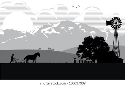 Illustration of a farmer plowing rice field at sunrise, vector