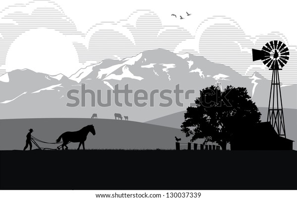 Illustration of a farmer horse plowing rice field at sunrise. 