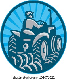 Illustration of a farmer plowing with vintage tractor viewed from the rear set inside oval done in retro style.